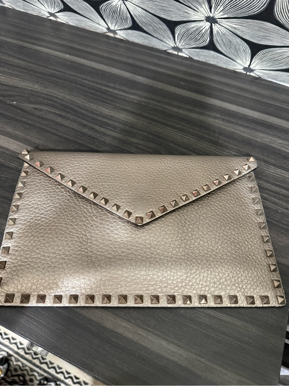 Valentino Garavani Metallic Taupe Studded Envelope Clutch